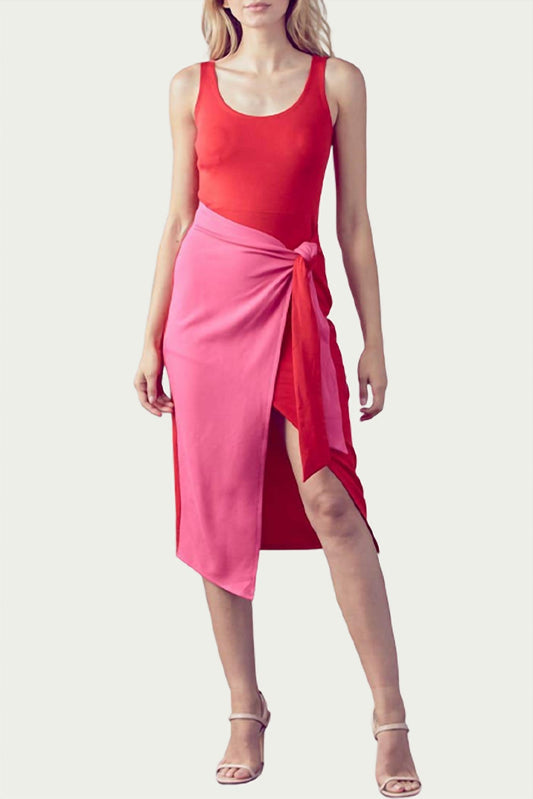 COLOR-BLOCK WRAP-EFFECT MIDI DRESS