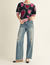 Jodifl Short Puff Sleeves Lovely Heart Sweater Top in black - women's sweater - alternate view