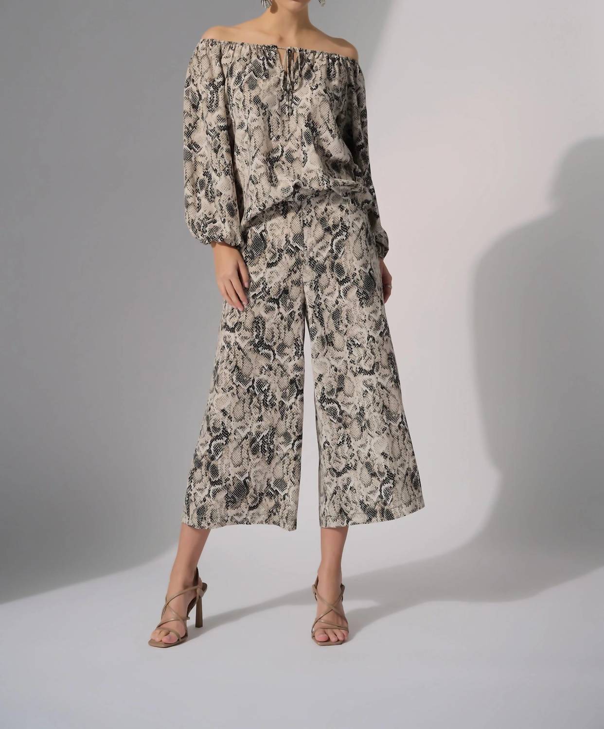 Joseph Ribkoff Snakeskin Print Off-shoulder Top in beige multi - women's blouse