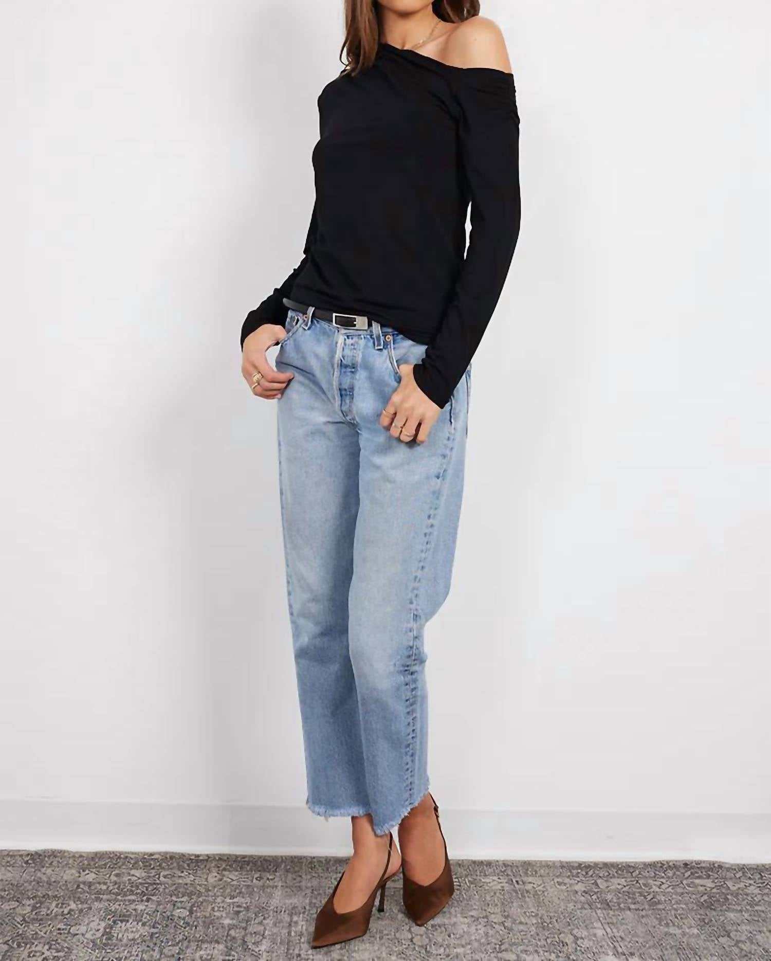 bobi One Shoudler Long Sleeve Top in black 1 - women's blouse - alternate view