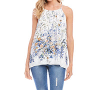 Karen Kane Bria Border Print Top in white with blues and yellow - women's blouse