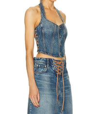 GRLFRND Phoebe Laced Halter Top in nashville suede - women's shirt - alternate view