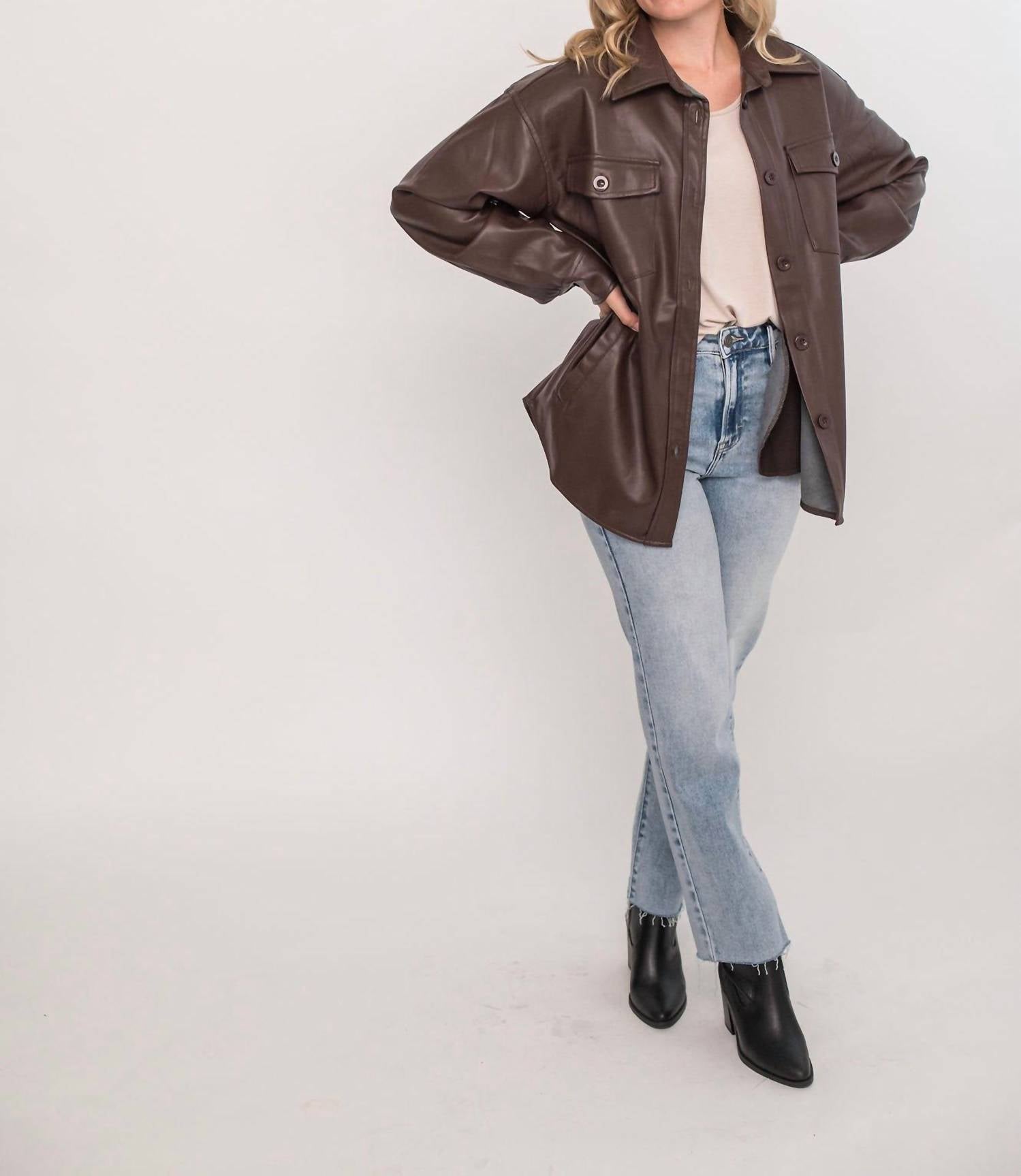 Allie Rose - Soft Pleather Button Front Shacket