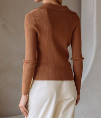 SKIES ARE BLUE Long Sleeve Ribbed Knit Collared Shirt in mocha - women's t-shirt - alternate view
