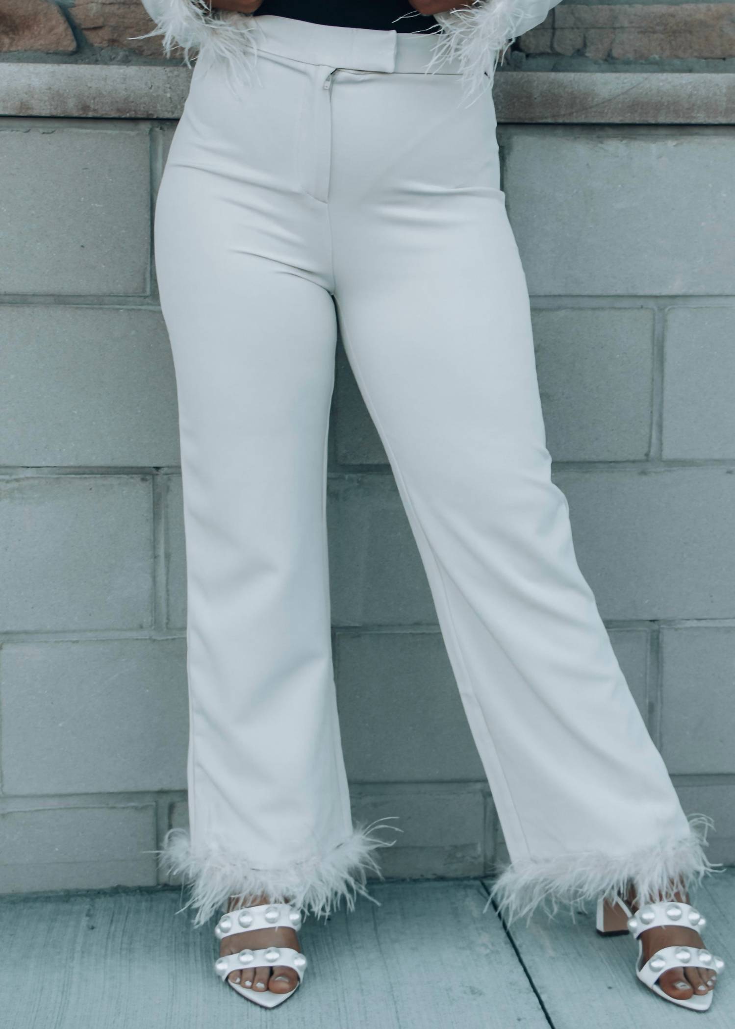 SKIES ARE BLUE Business Baddie Feather Cuff Straight Pants in cream - women's pants - view 5