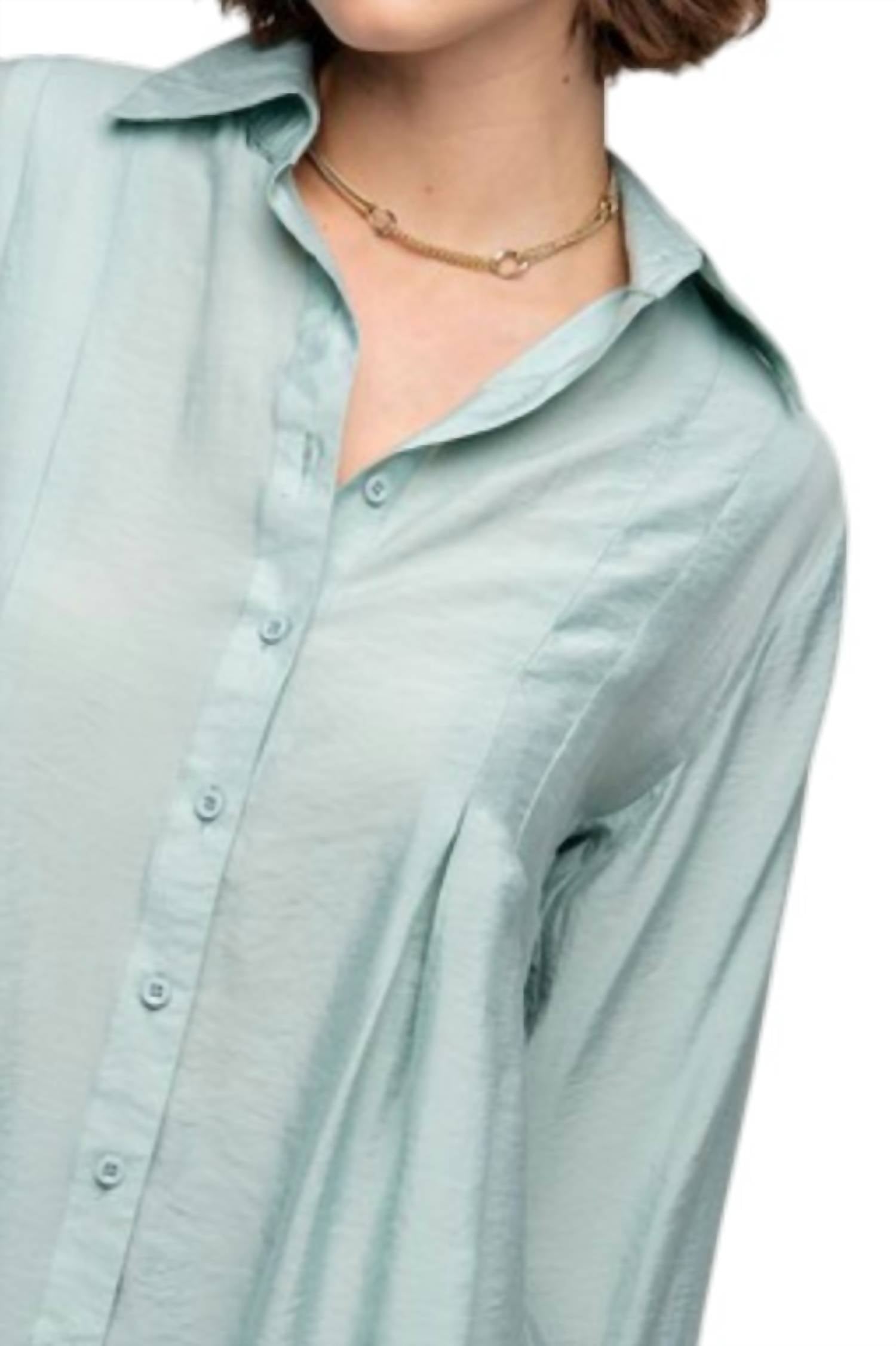 Easel Pleated Button Down Long Sleeve Shirt - Plus in dusty sage 1 - women's shirt - detail view
