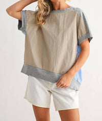 Joh Joy Mixed Media Top in heather grey khaki - women's blouse
