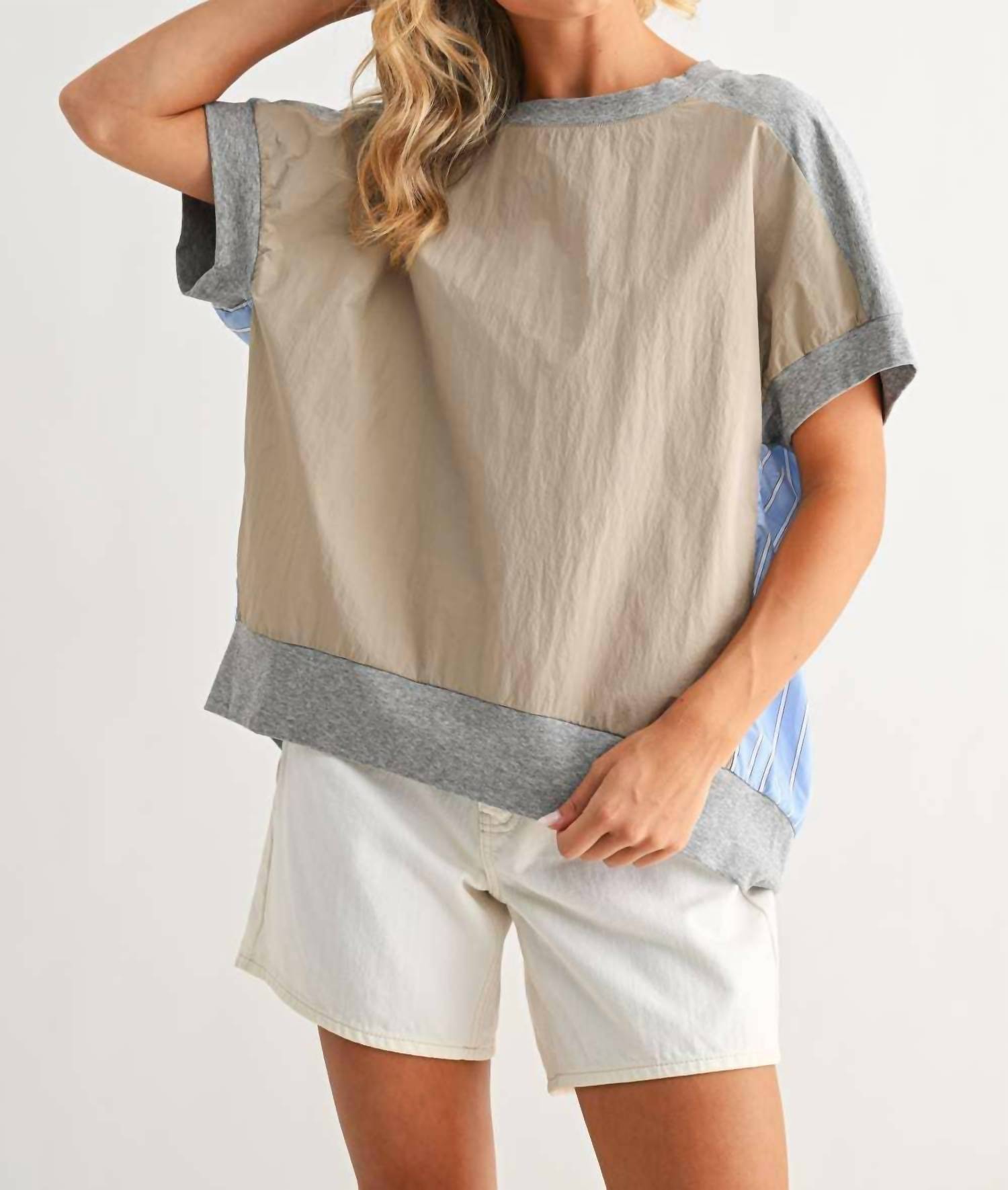 Joh Joy Mixed Media Top in heather grey khaki - women's blouse