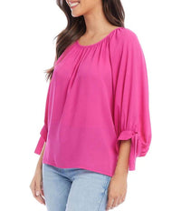 Karen Kane Tatum Tie Sleeve Peasant Top in dark pink - women's blouse - detail view