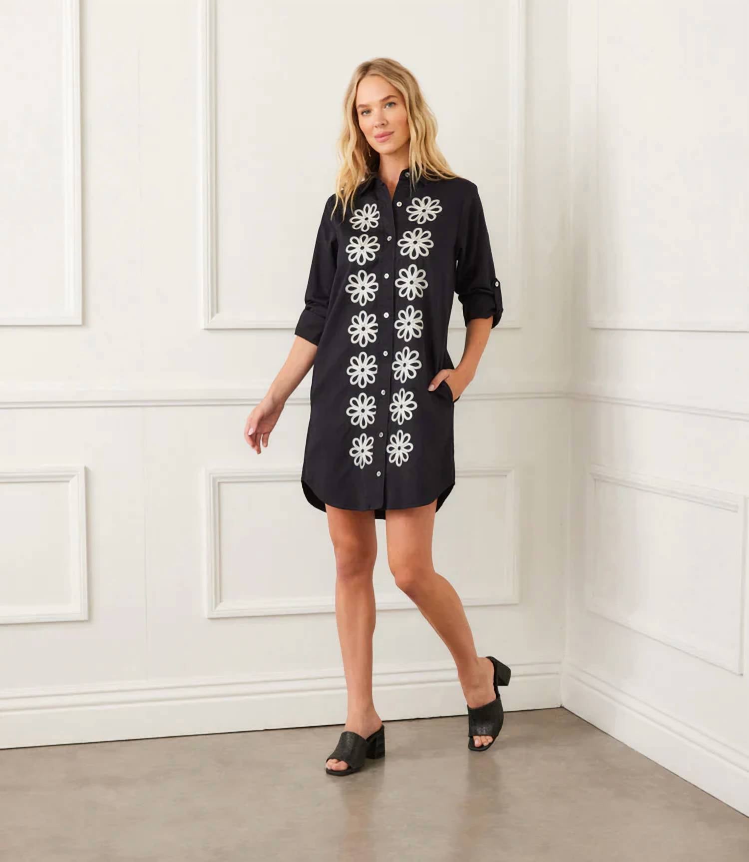 Karen Kane - Reese Roll Tab Embroidered Mini Shirtdress