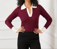 Karen Kane Contrast Ribbed Polo Sweater in wine with cream - women's sweater - view 7