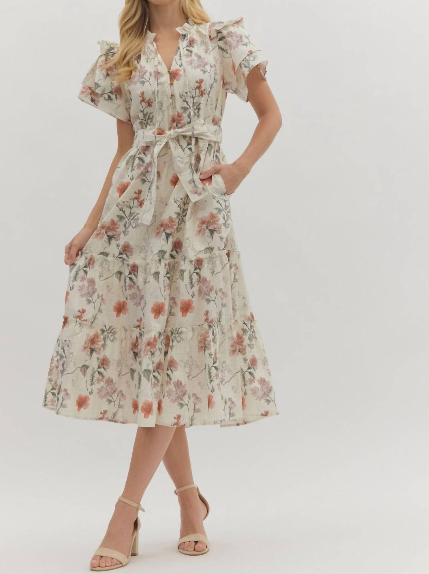 Entro - Floral Print Short Flutter Sleeve Midi Dress
