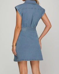She + Sky - Short Sleeve Surplice V-neck Denim Mini Dress