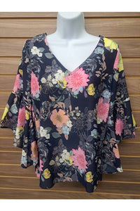 Moci - Women's Floral Bell Sleeve Back Tie Top