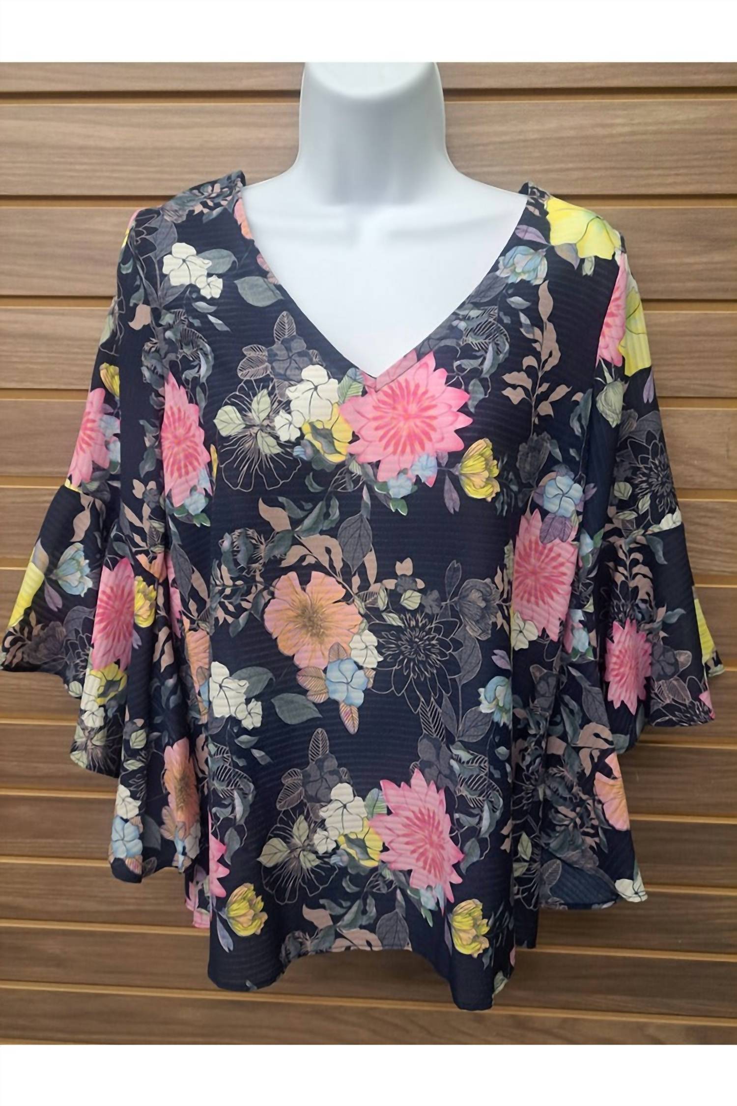Moci - Women's Floral Bell Sleeve Back Tie Top