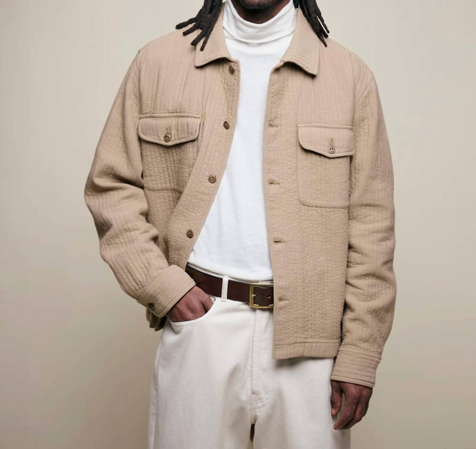 Merz b. Schwanen Padded Cotton Long Sleeve Overshirt in dusted khaki - men's shirt - view 4