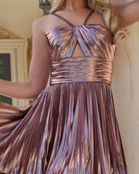 Jovani - Metallic Pleated Mini Dress With Keyhole Halter Neckline