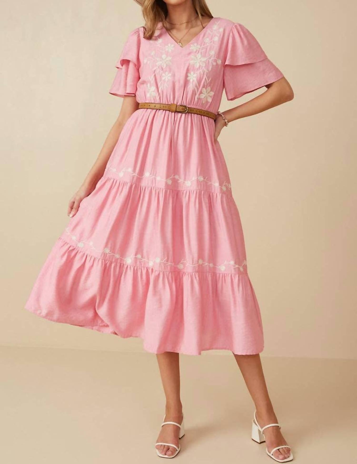 Hayden La - Women's Embroidered Ruffle Sleeve Tiered Dress