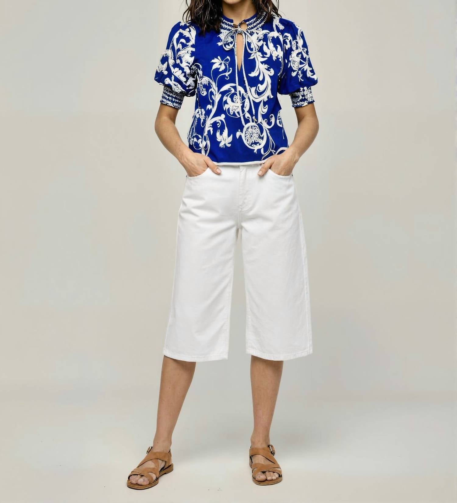 Celina Moon Carnelia Short Sleeve Top in blue white - women's blouse