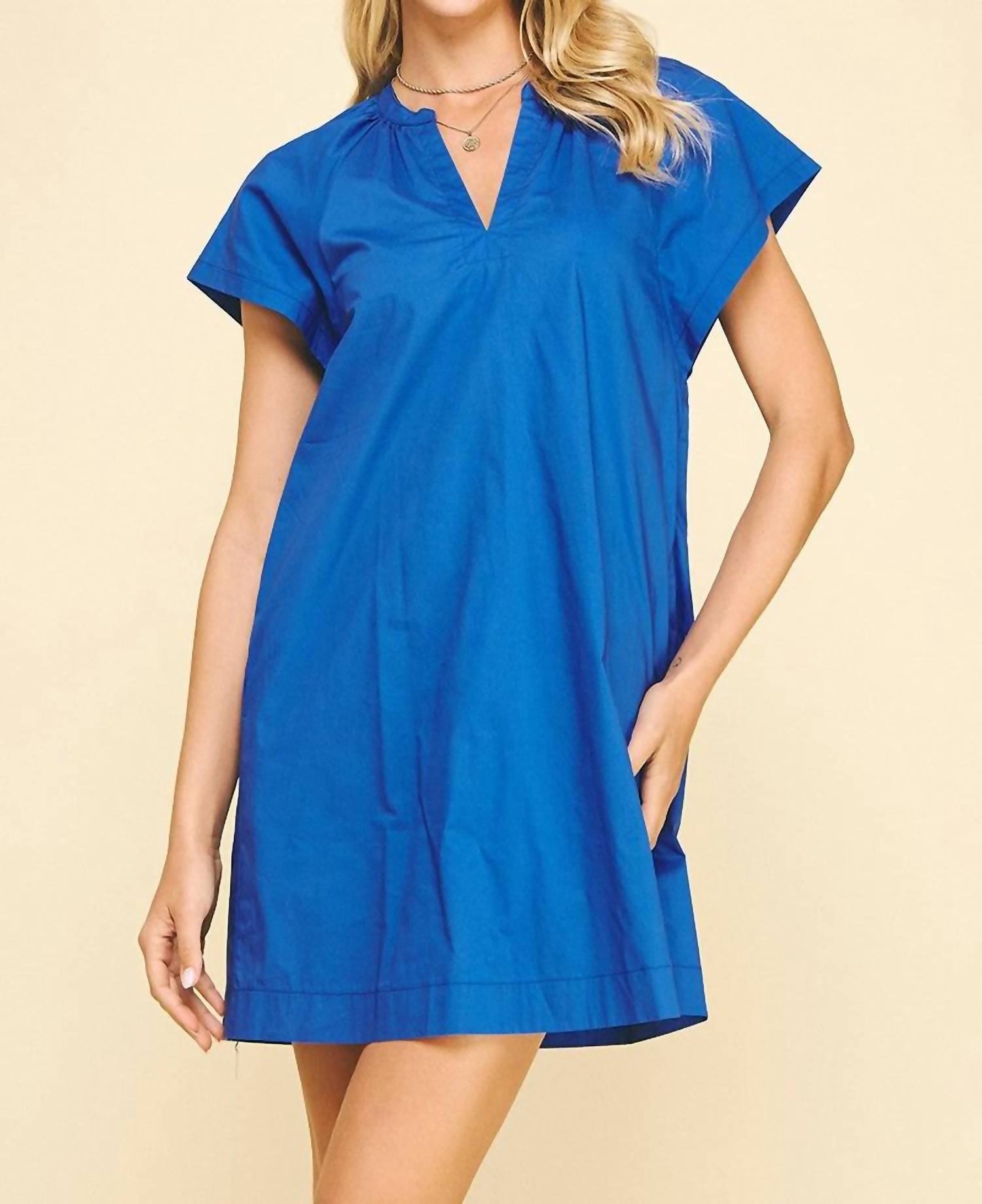 PINCH V-neck Tunic Mini Dress in royal blue - women's dress