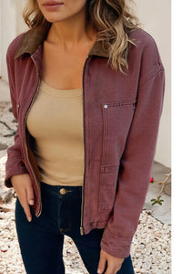 Little Daisy Closet - Corduroy Collar Zip Front Denim Jacket