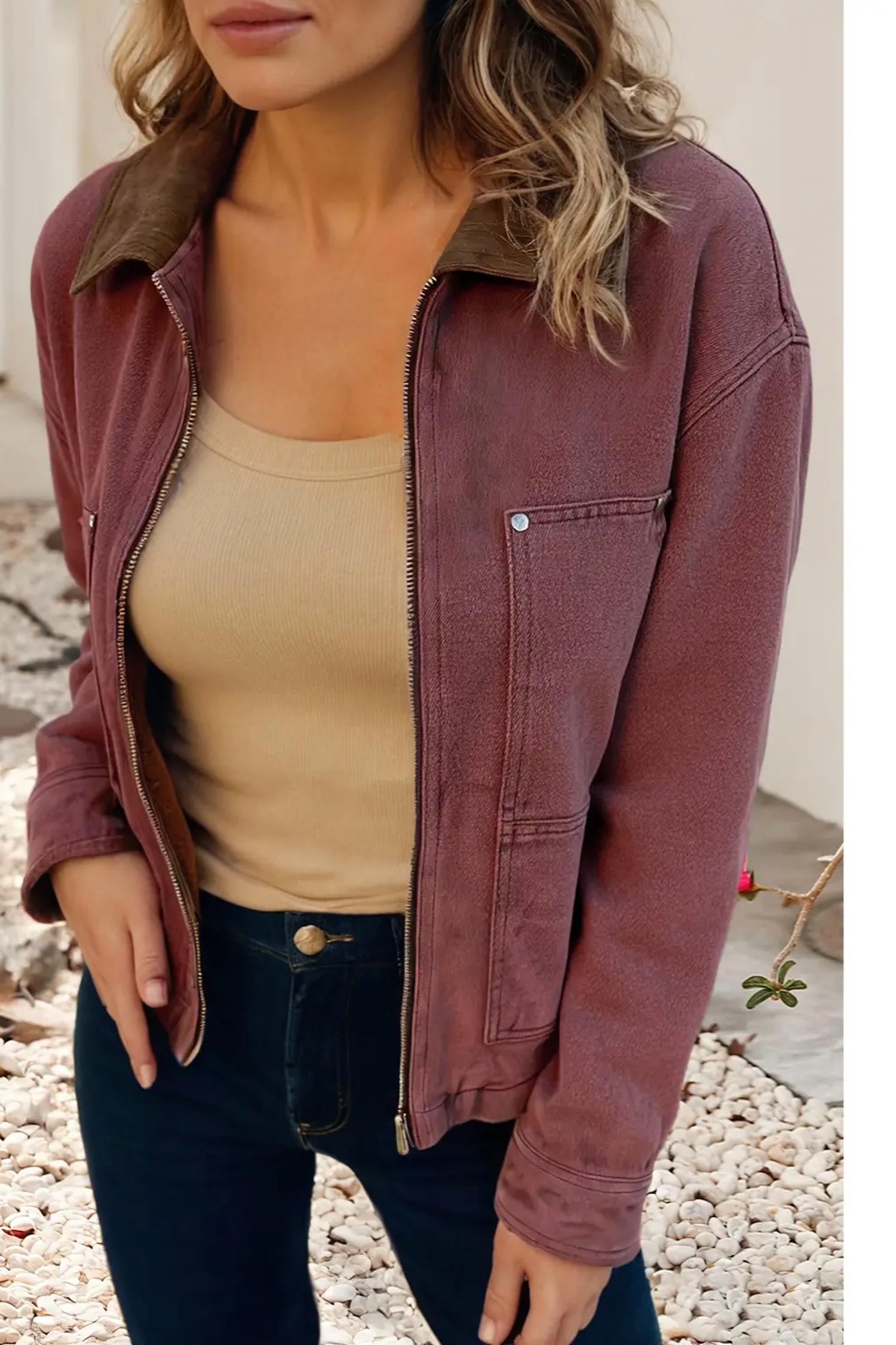 Little Daisy Closet - Corduroy Collar Zip Front Denim Jacket