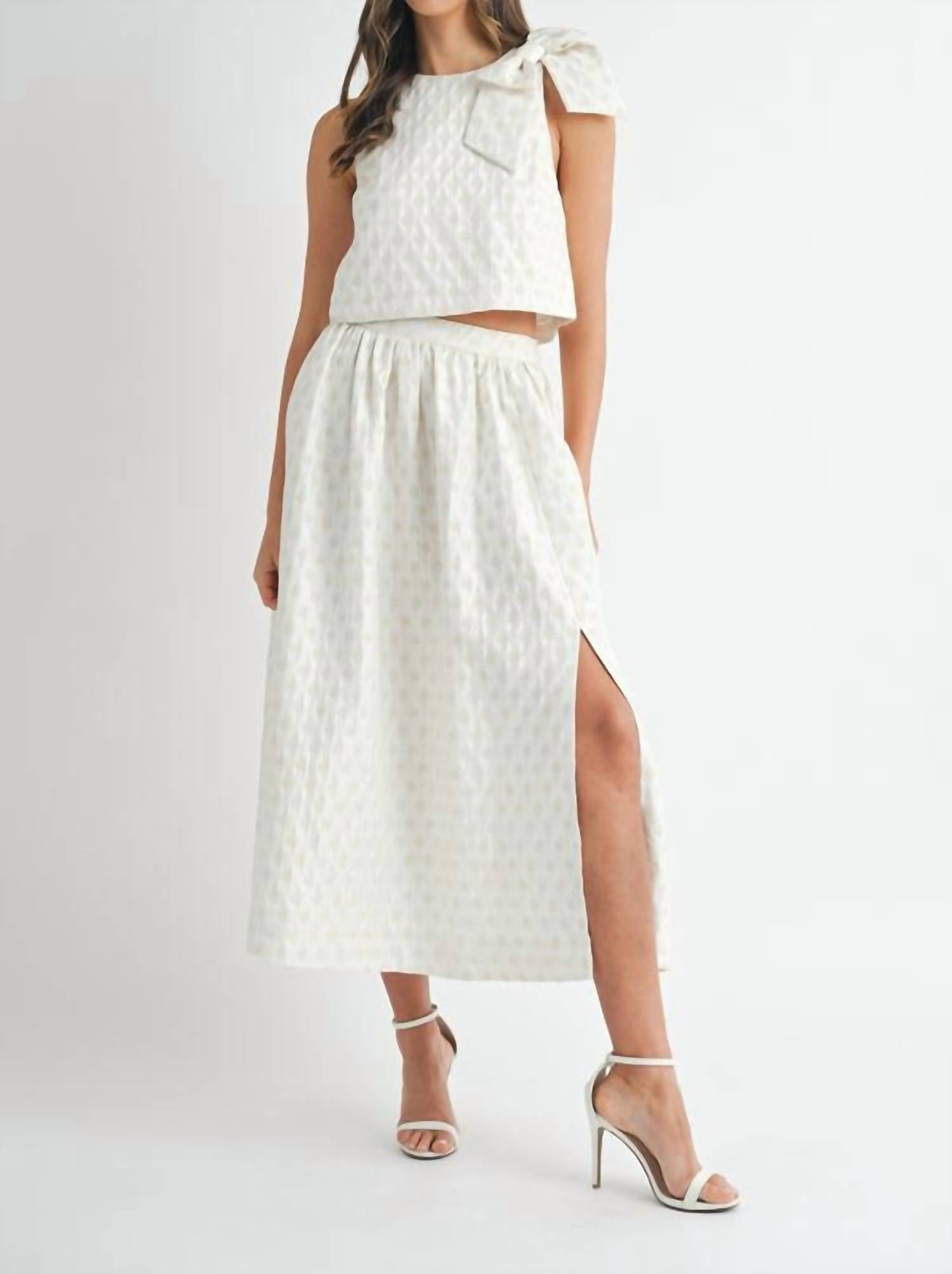 Mable - Shoulder Bow Polka Dot Skirt Set