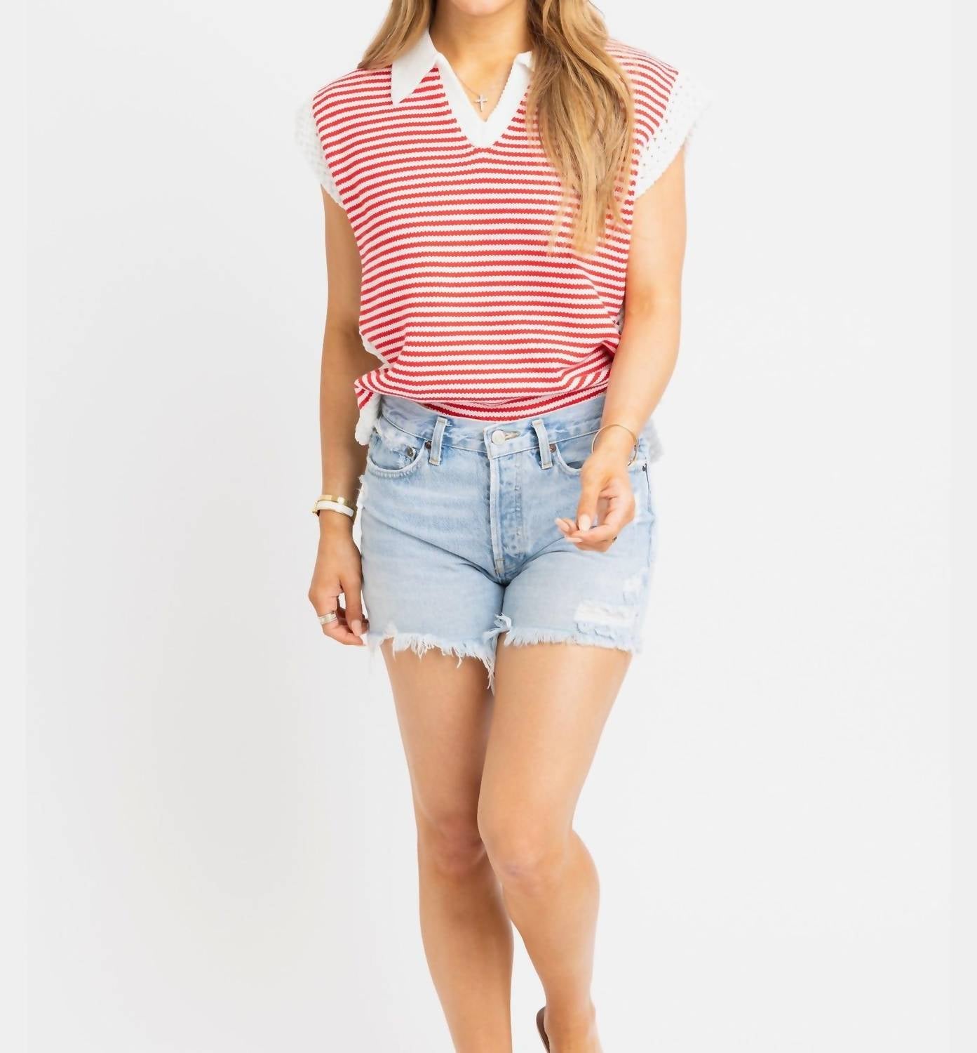 Karlie Stripe V-neck Sleeveless Sweater in red - women's sweater