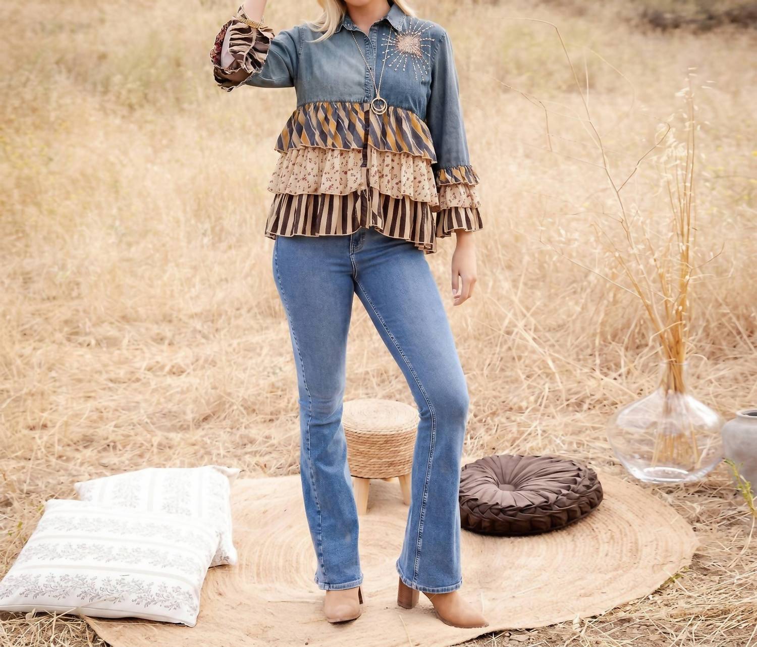 Young Threads - Vintage Boho Denim Yoke Patchwork Tiered Tunic Top