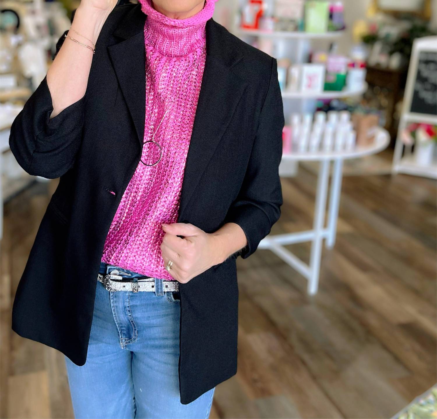 SUNDAYUP Women's Pleated Sleeve Blazer Jacket in black - women's jacket