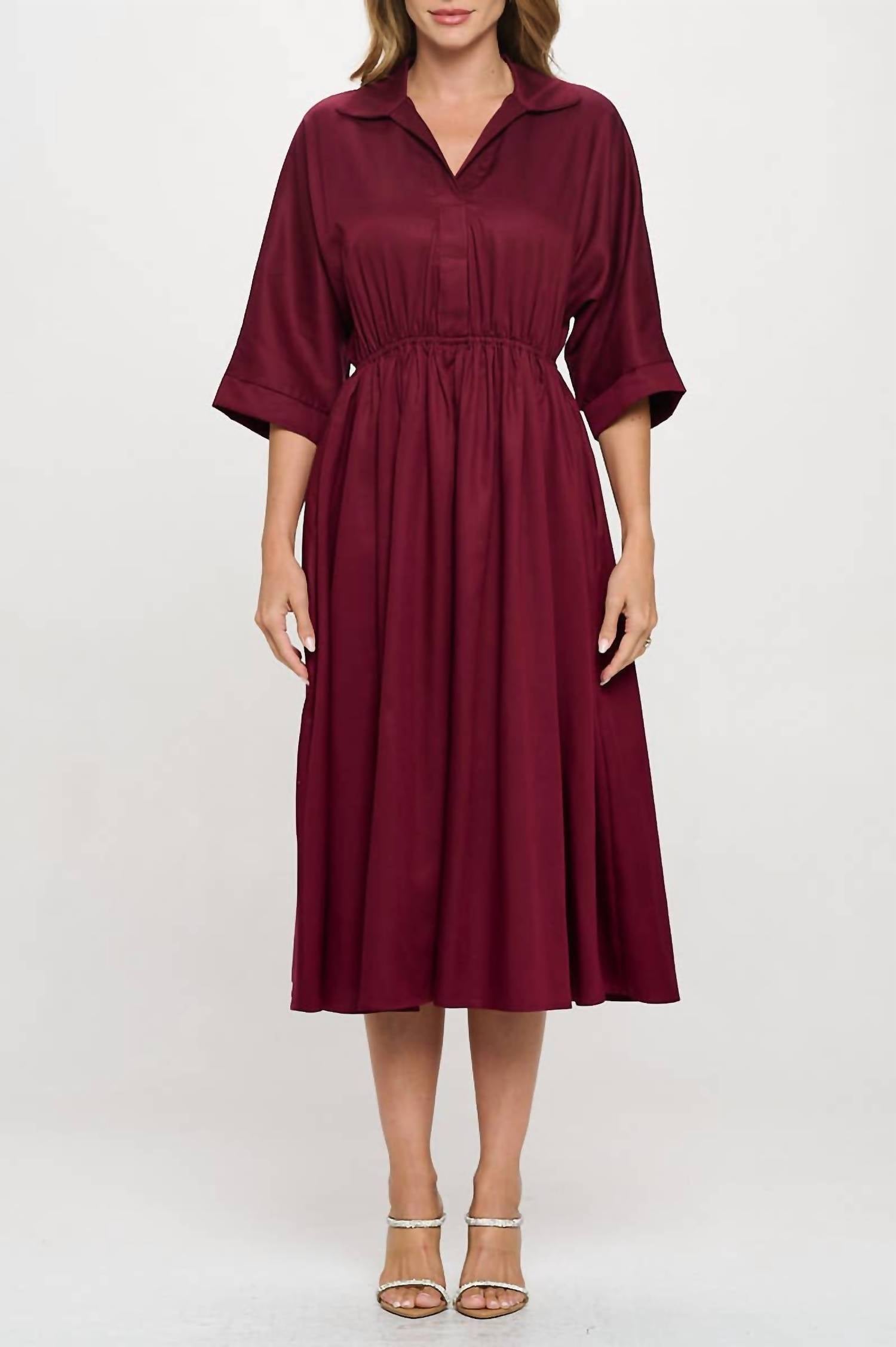 Reneec. - Collared V Neck Midi Dress With Pockets