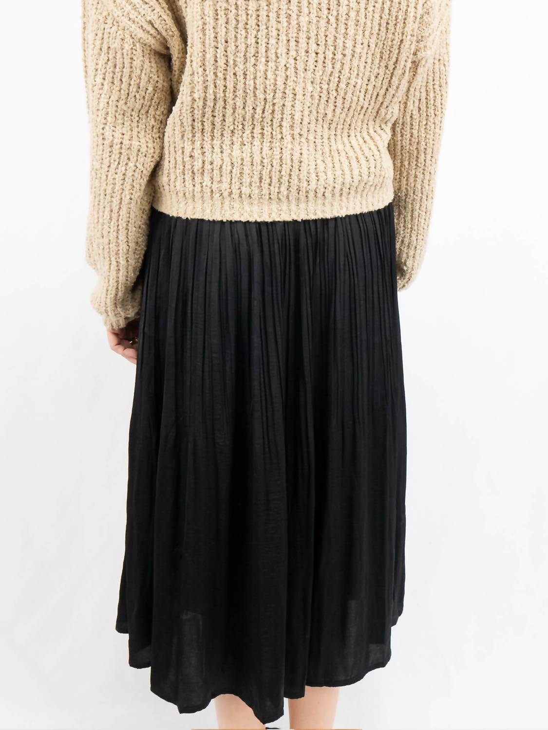SHE + SKY Classic Pleated Midi Skirt in black - women's skirt - detail view