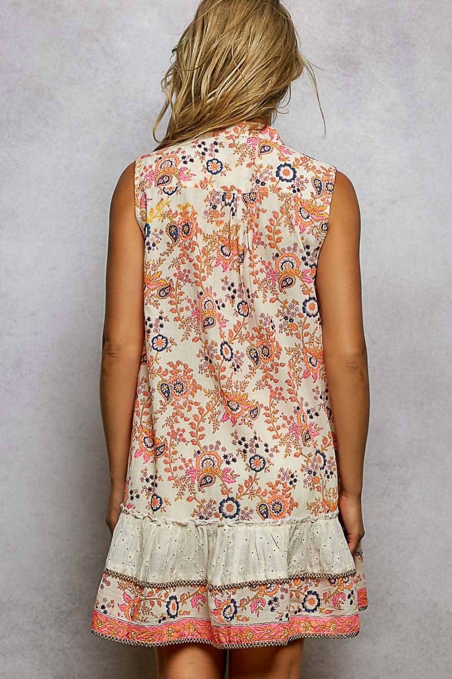 Pol - Printed Pintuck Spangle Button Down Dress