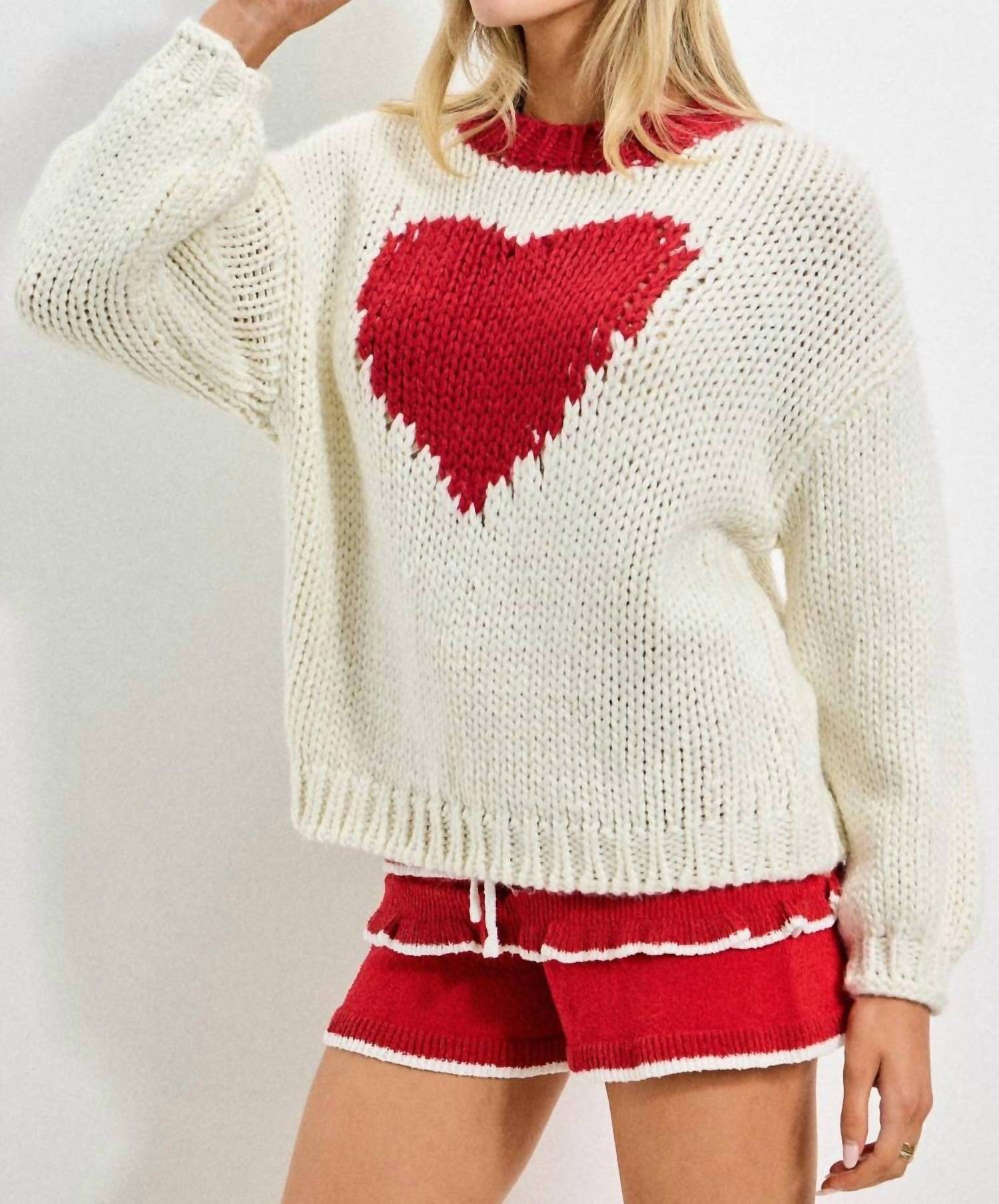 Baevely by Wellmade Valentine's Knit Pullover in cream red - women's sweater - detail view