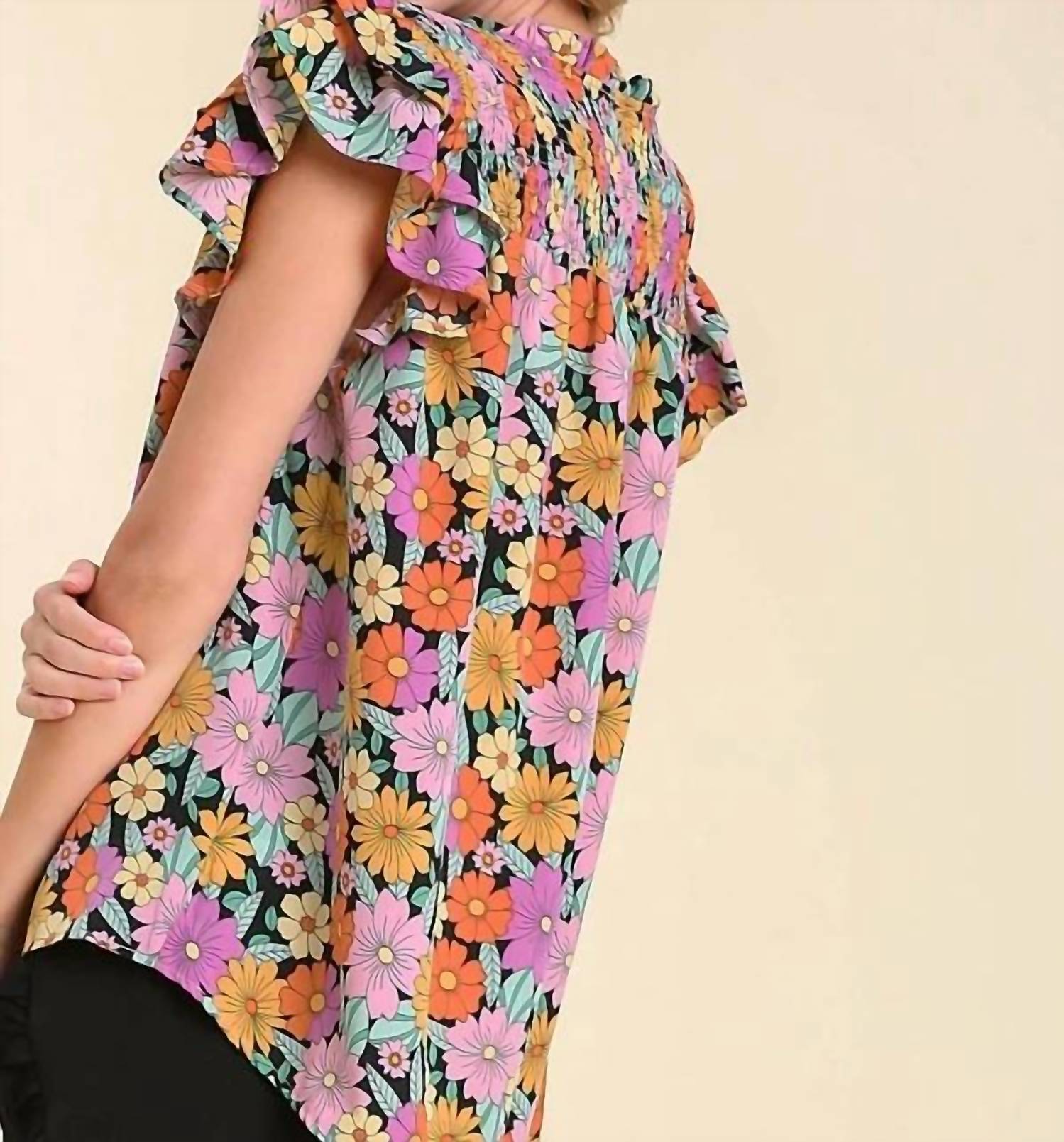 Umgee - Smocked Ruffle Sleeve Floral Top