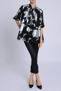 Beulahstyle - Foiled Floral Bowtie Blouse With Belt