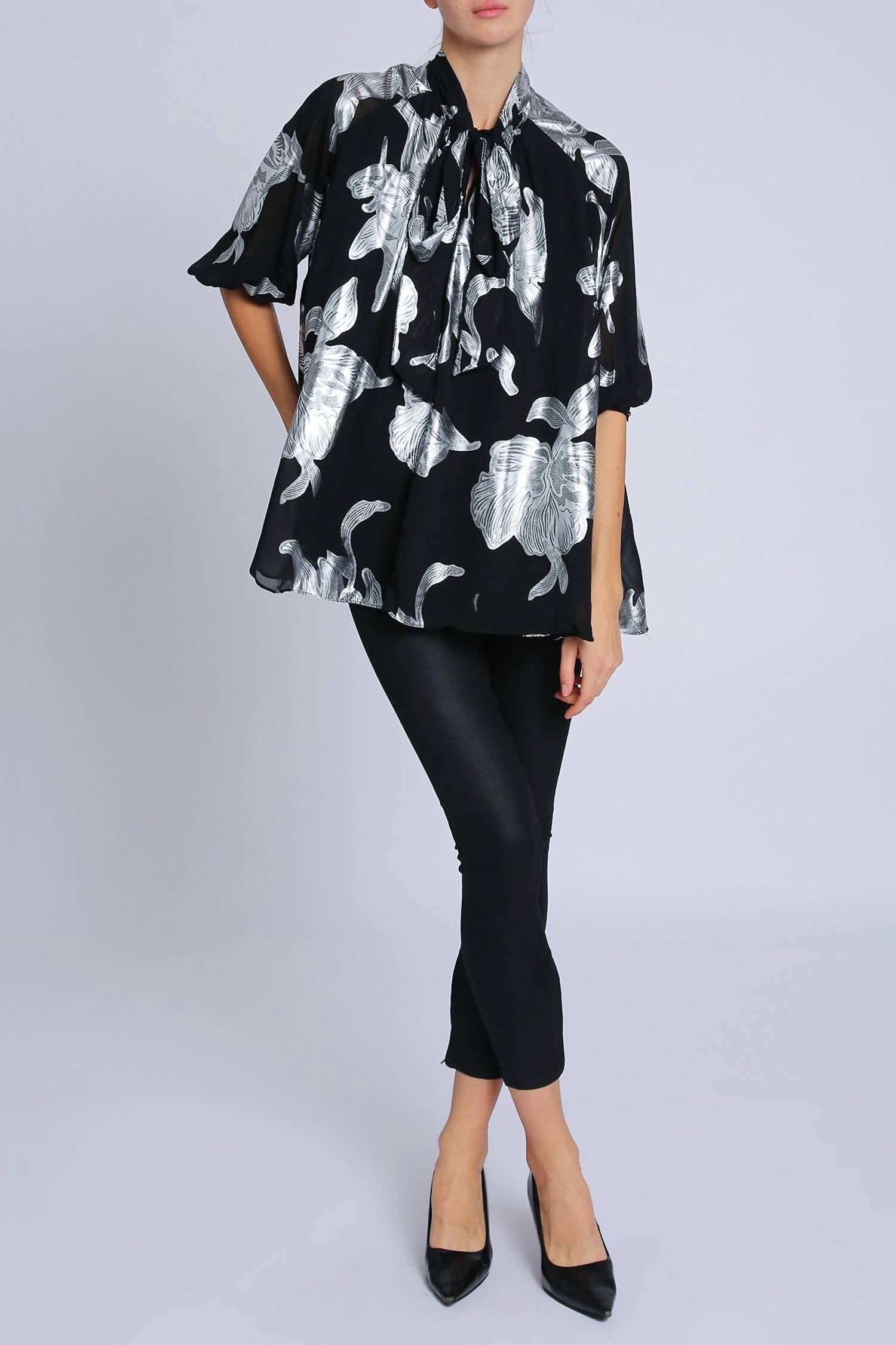 Beulahstyle - Foiled Floral Bowtie Blouse With Belt