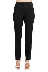 Ecru - Women's Mid Waist Hook Button Zip Closure Belt Hoop Straight Solid Crepe Pants