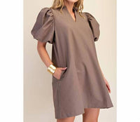 Style Usa - Ruffle V-Neck Puff Sleeve Dress