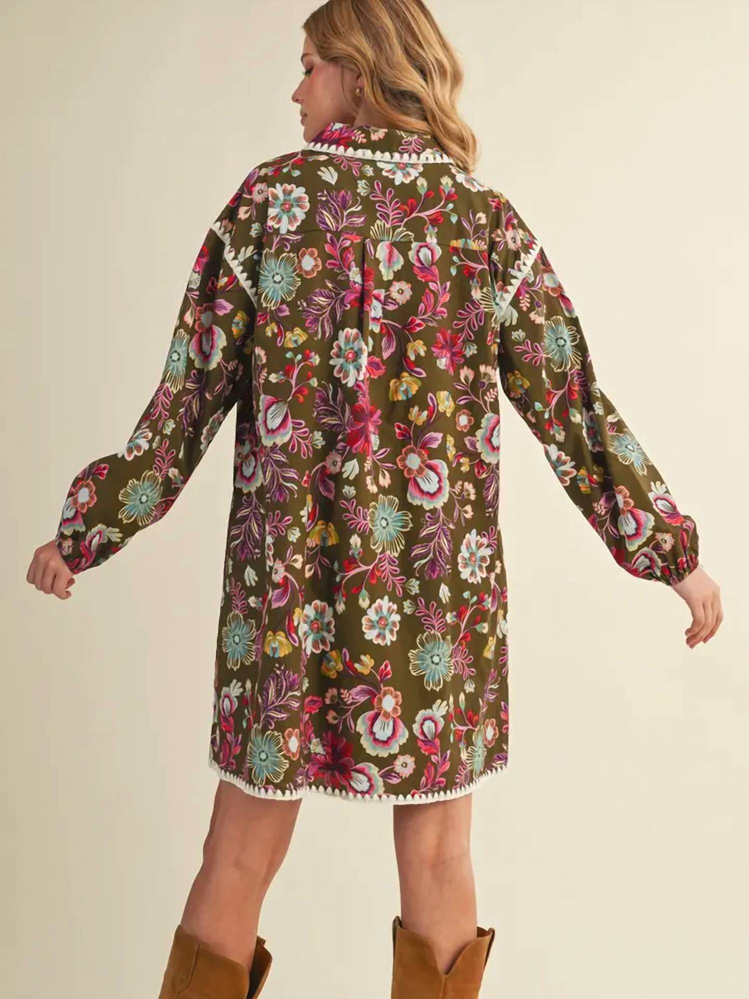 &Merci - Exclusive Print Blanket Stitch Buttoned Mini Dress