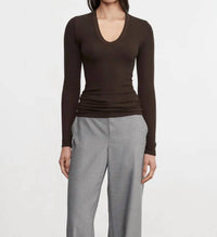 Enza Costa Rib Bold Long Sleeve U Top in coffee bean - women's long sleeve top