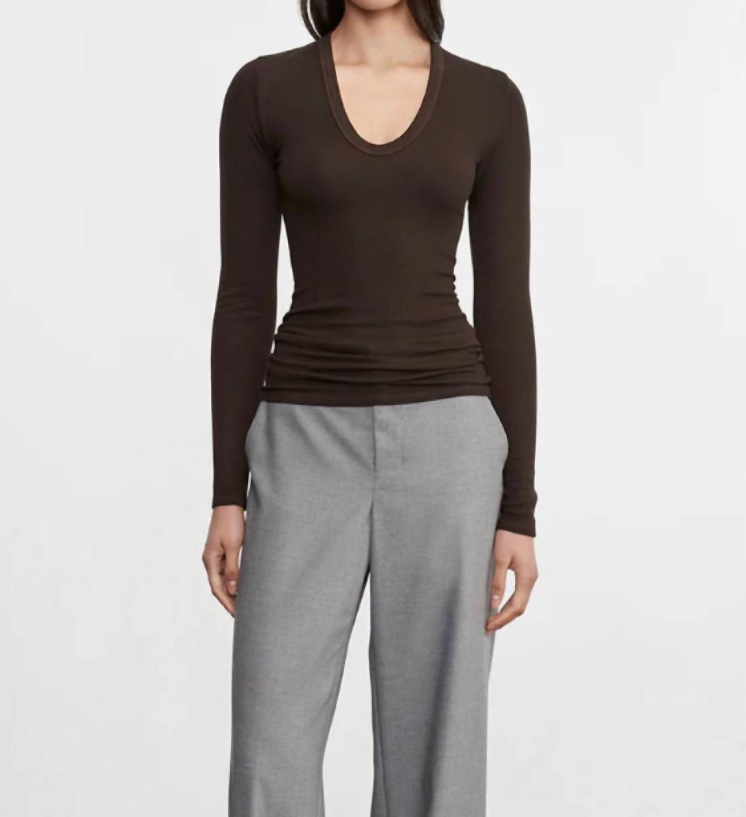 Enza Costa Rib Bold Long Sleeve U Top in coffee bean - women's long sleeve top