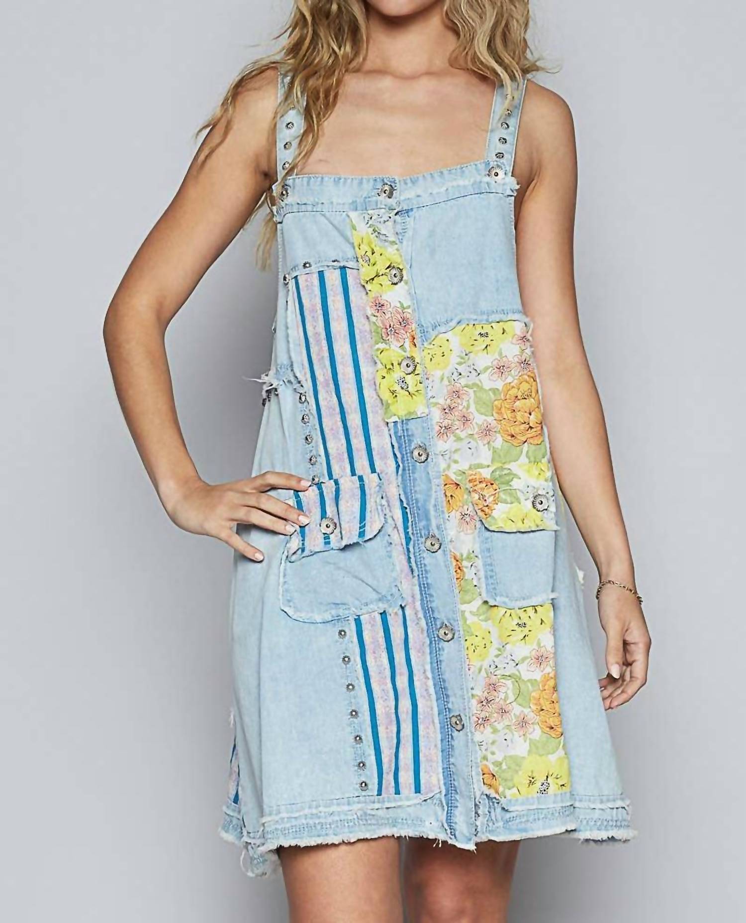 POL Floral Print Contrast Twill Mini Dress in denim - women's dress
