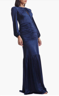 DRESS THE POPULATION Lucille Pleated Ruched Long Sleeve Gown in midnight blue - women's dress - alternate view
