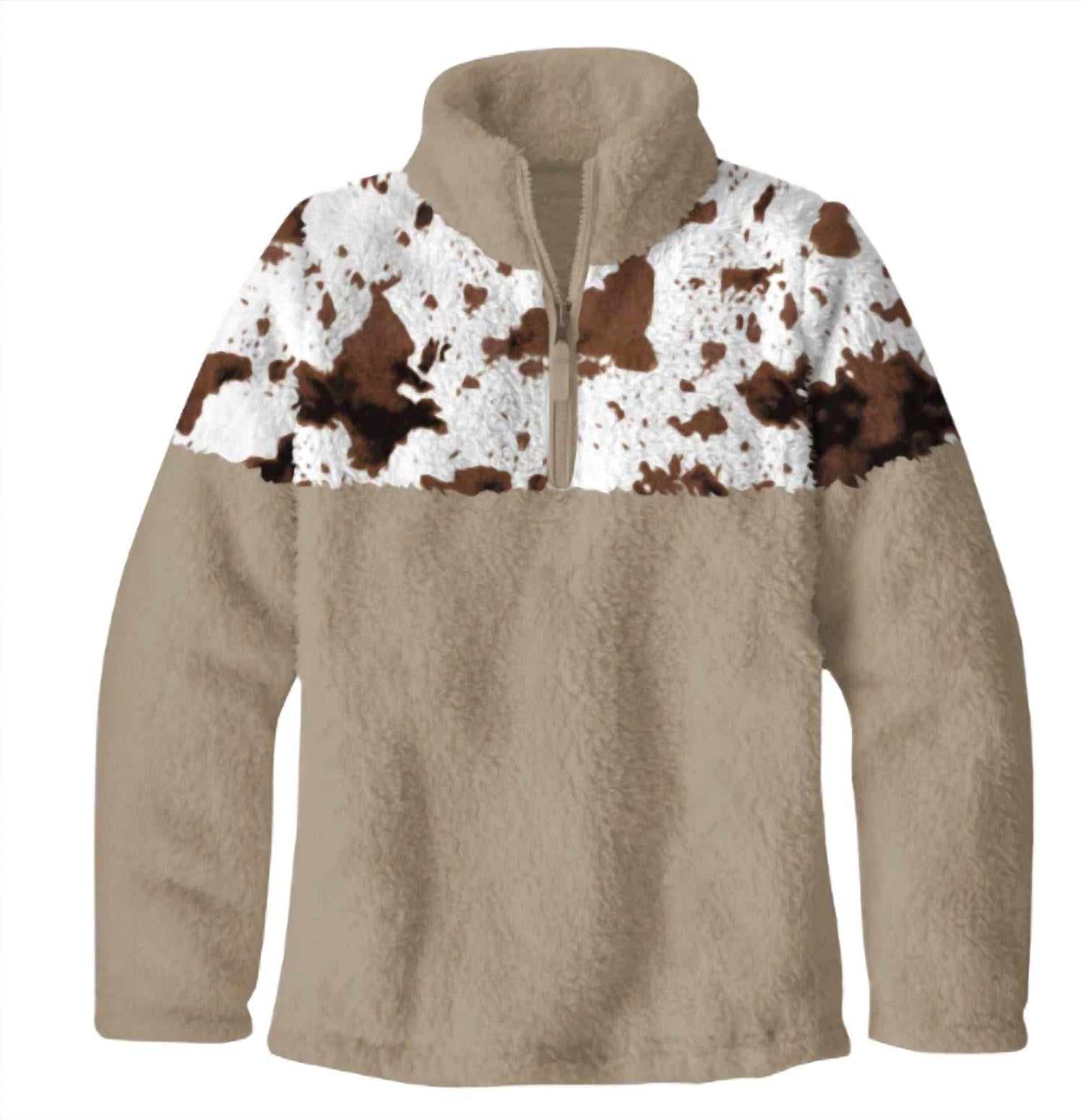 Shea Baby Fleece Zip Up Sweatshirt in brown cowprint - kids' shirt - detail view