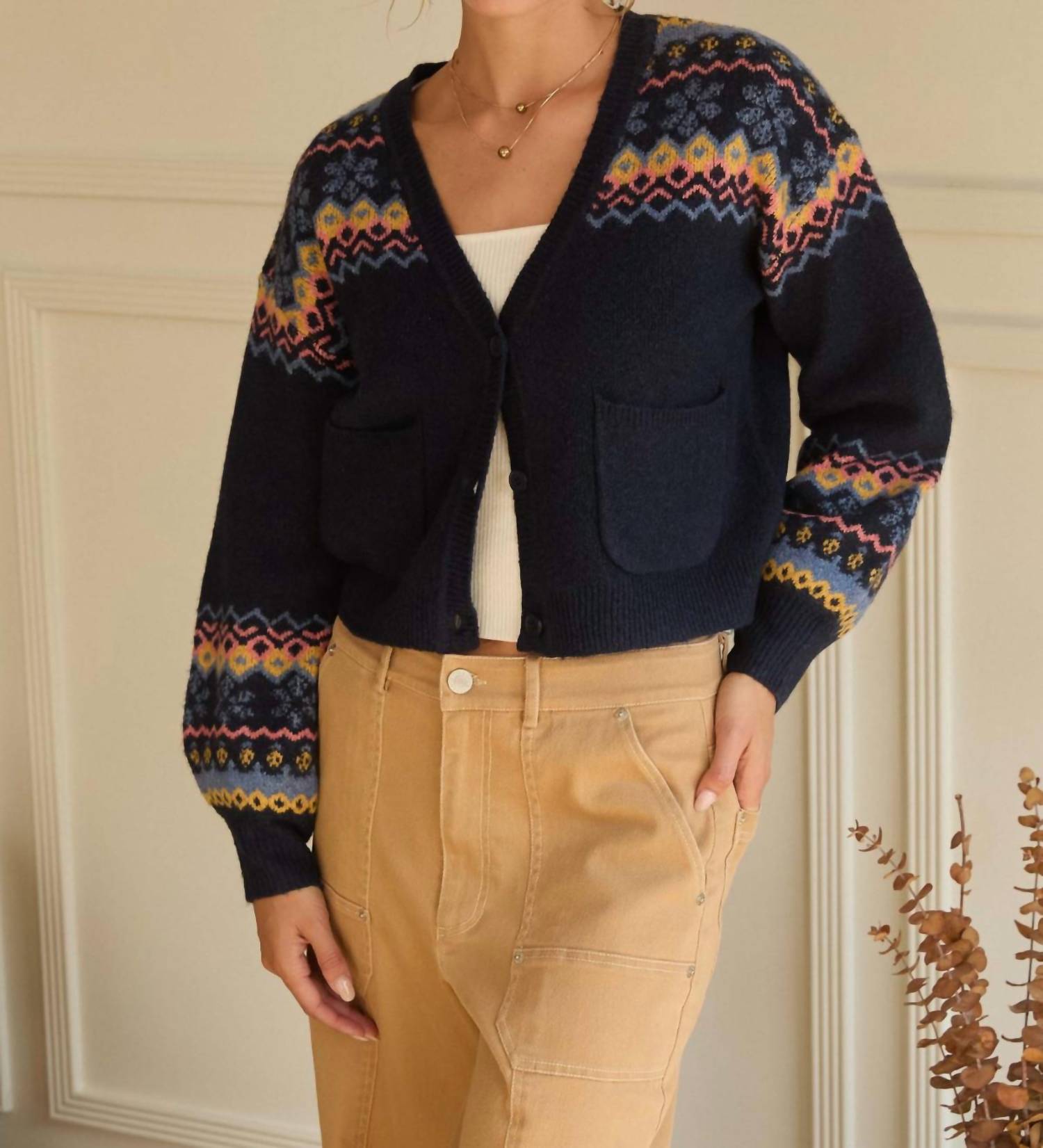 Skies Are Blue - Intarsia V Neck Cardigan