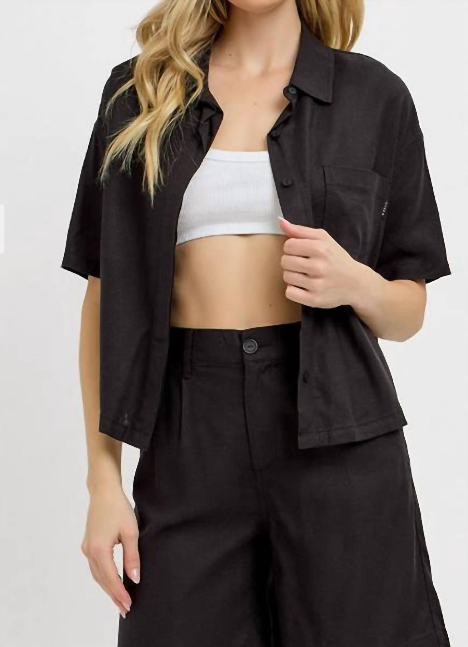 RISEN Half Sleeve Oversize Linen Shirt in black - women's shirt - alternate view