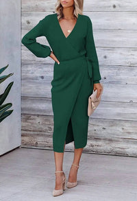 Nihao Jewelry - Women's V Neck Belted Knit Dress