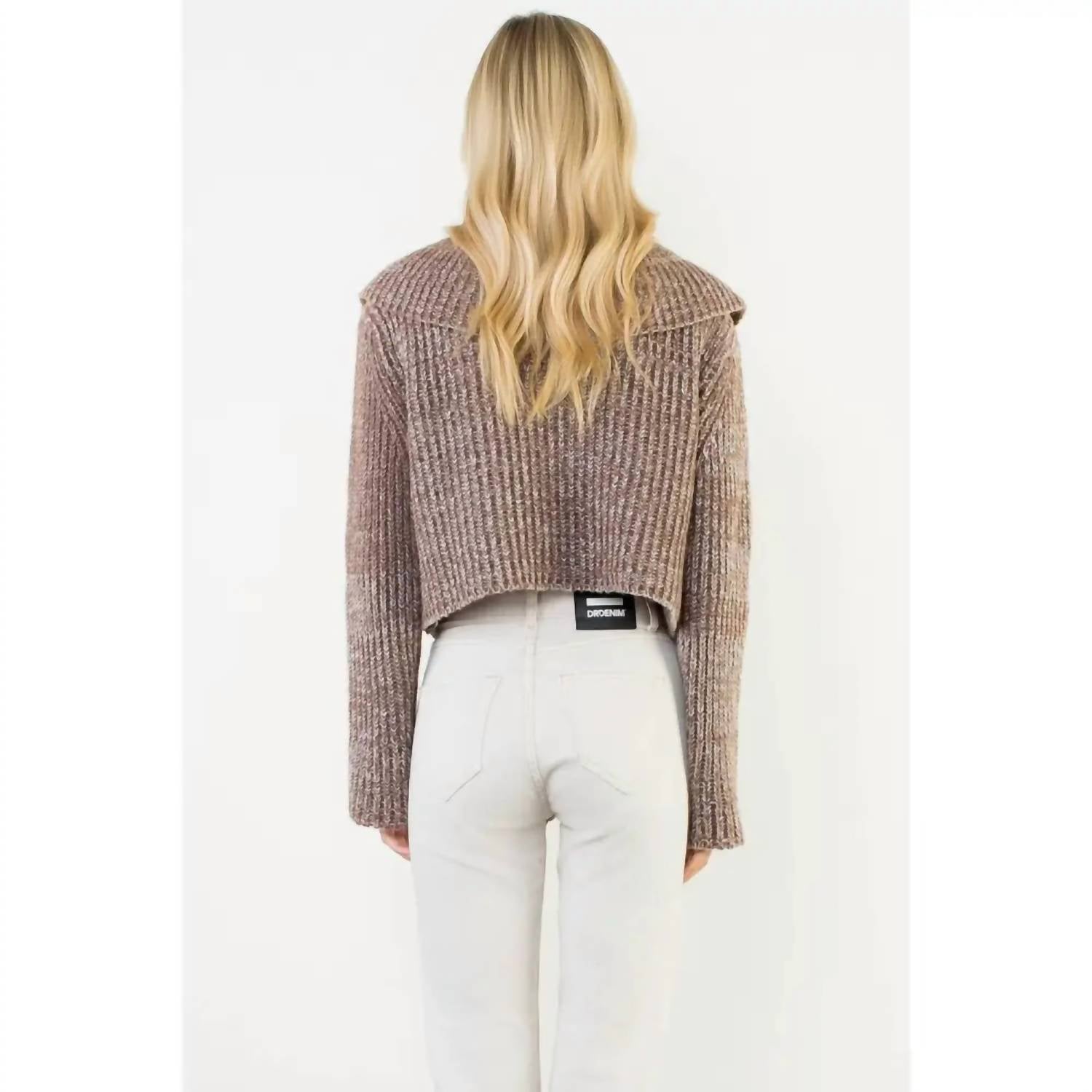 THML Cropped Knitted Collar Cardigan in brown - women's cardigan - detail view