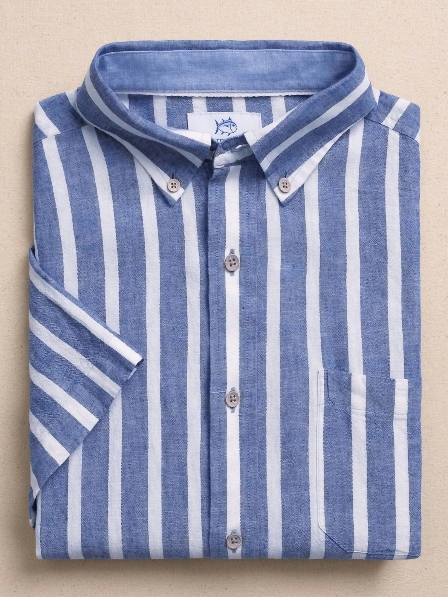Southern Tide - Seamark Stripe Linen Rayon Short Sleeve Sport Shirt